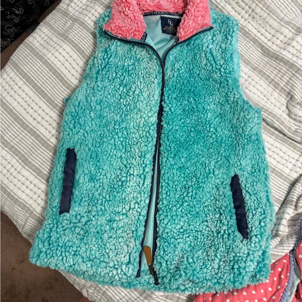 Simply Southern Turquoise and Coral Sherpa Vest, women’s medium
